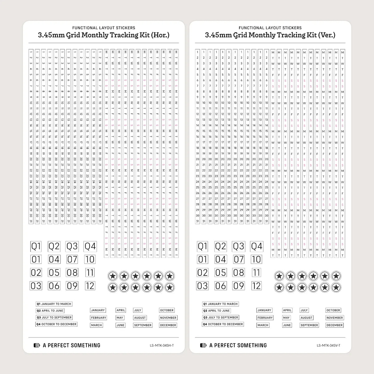 3.45mm Grid Layout Stickers: Monthly Tracking Kits (fits Hobonichi A6 HON and Techo Original A6 (beige covers only) and A6 Avec monthly sections