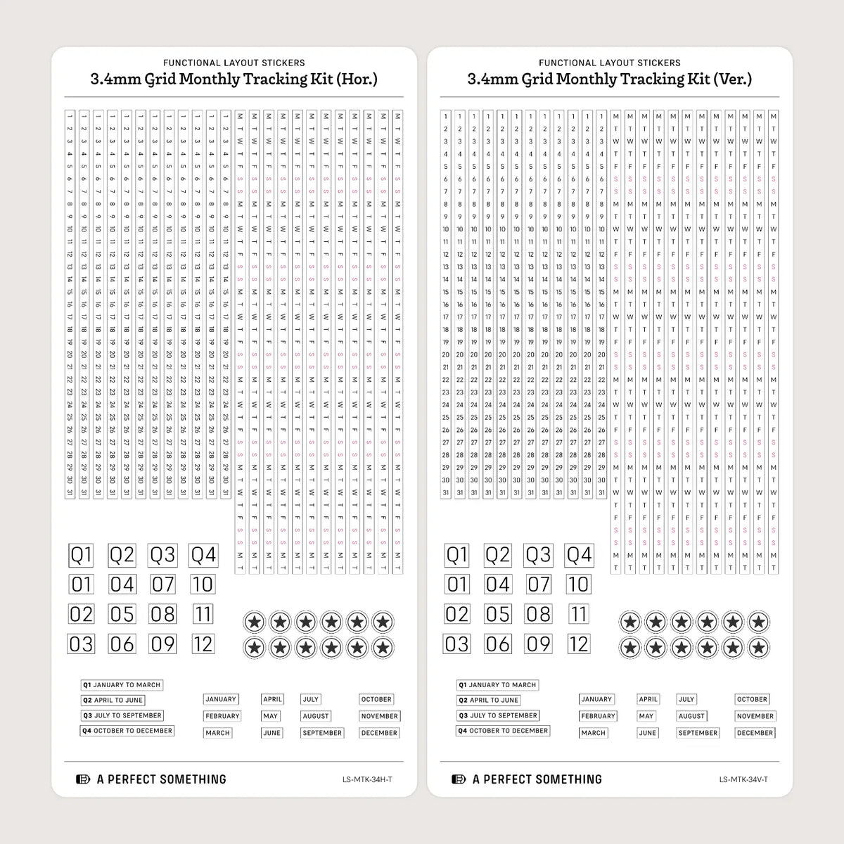 3.4mm Grid Layout Stickers: Monthly Tracking Kits (fits Hobonichi Weeks monthly section)