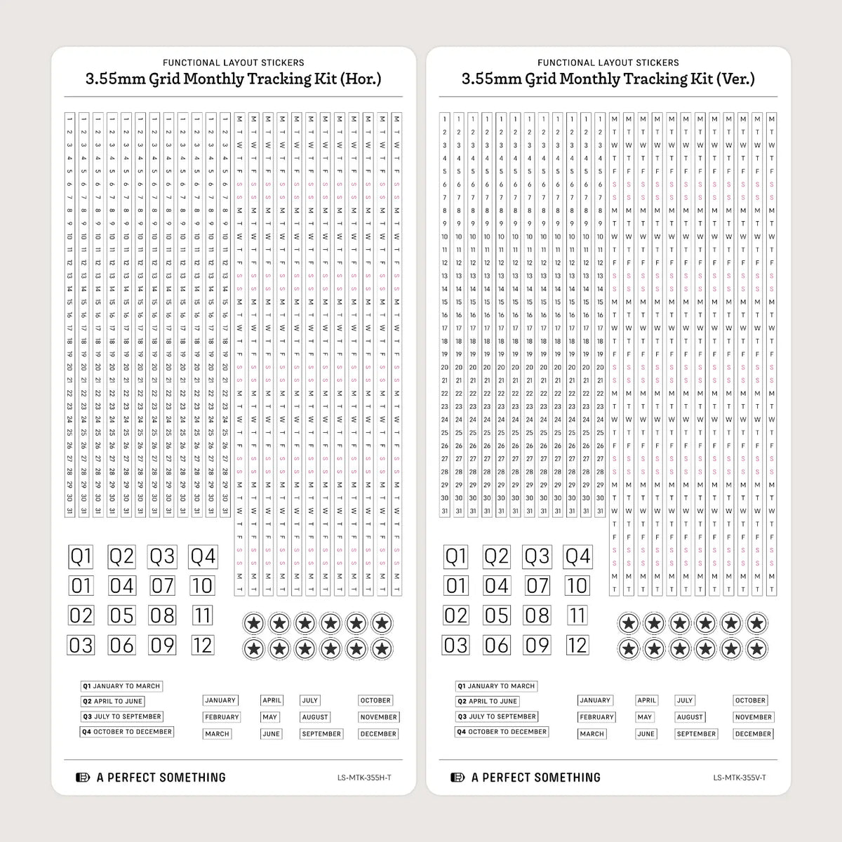 3.55mm Grid Layout Stickers: Monthly Tracking Kits (fits Hobonichi Weeks weekly and blank grid sections)