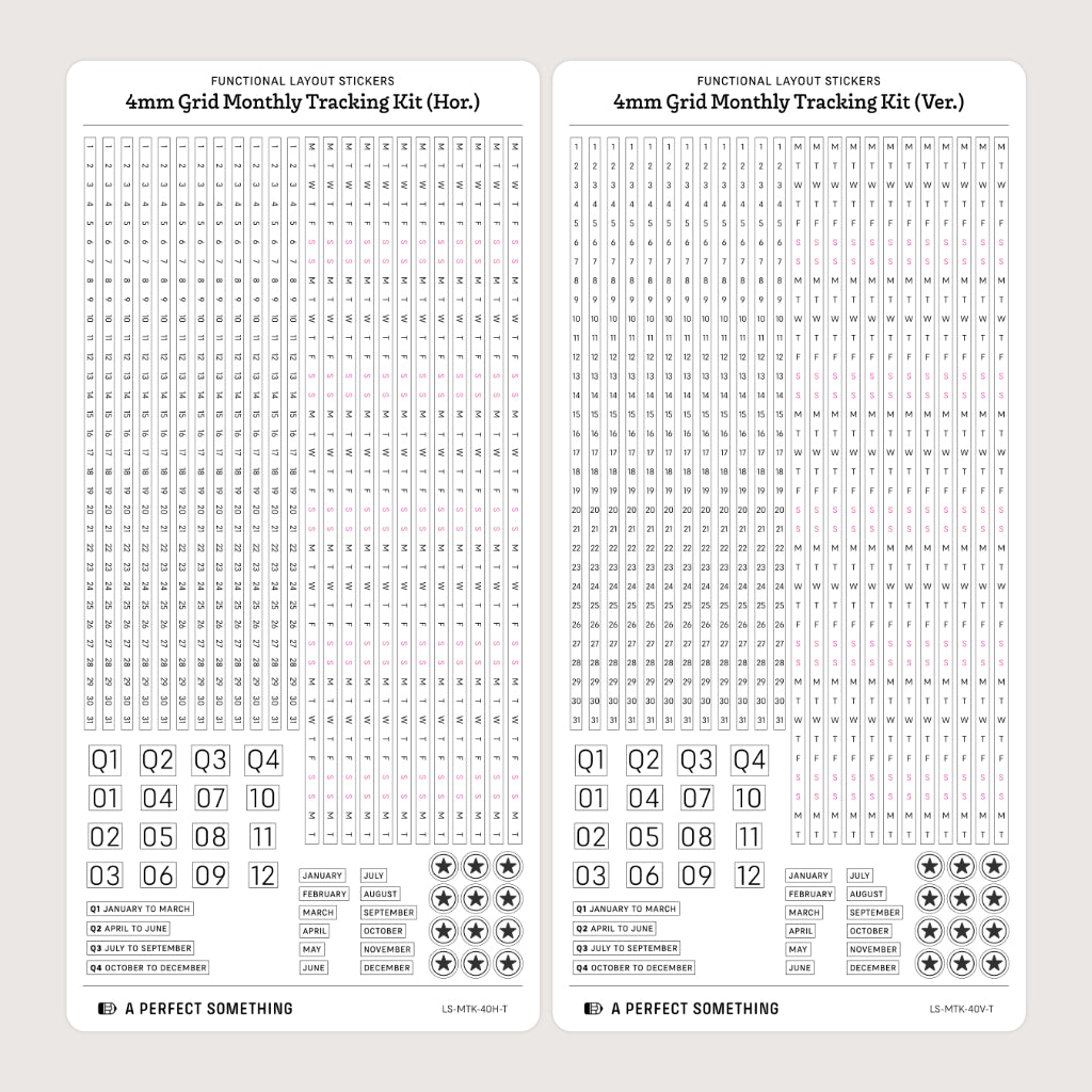 4mm Grid Layout Stickers: Monthly Tracking Kits (fits Aura Estelle planners, select Sterling Ink planners, Stalogy notebooks)
