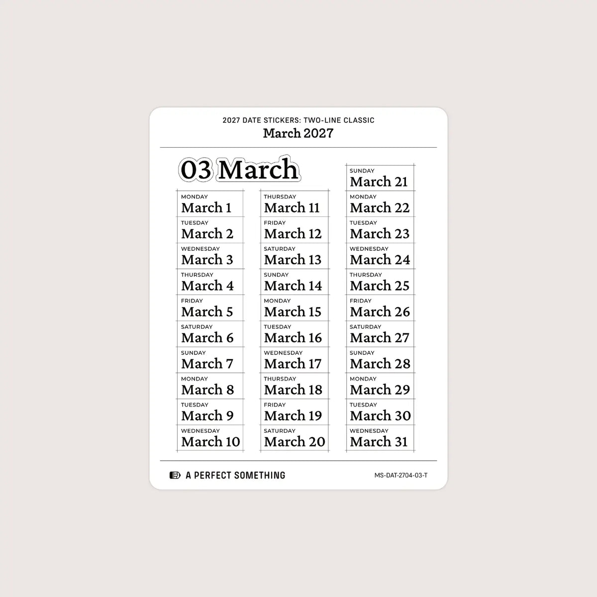 2027 Date Stickers: Two Line Classic