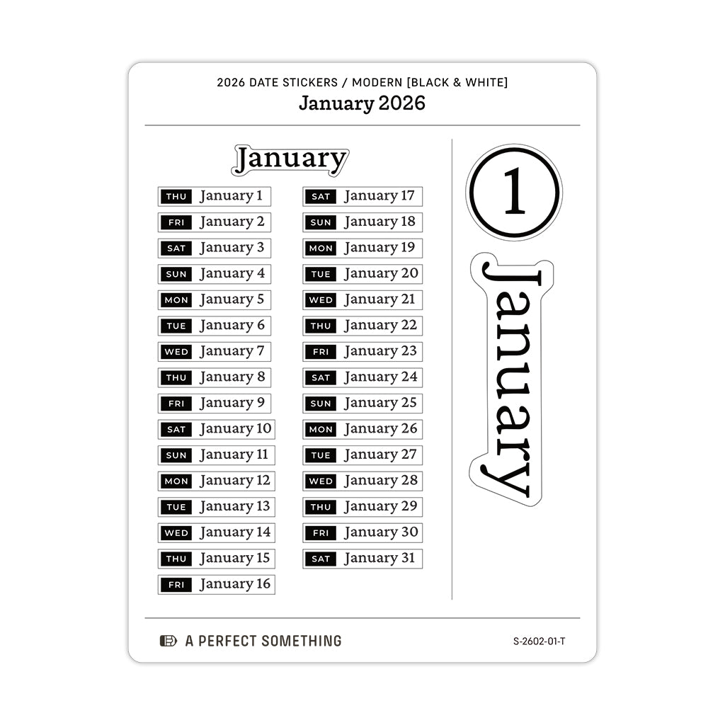 2026 Date Stickers: Modern (Black and White)