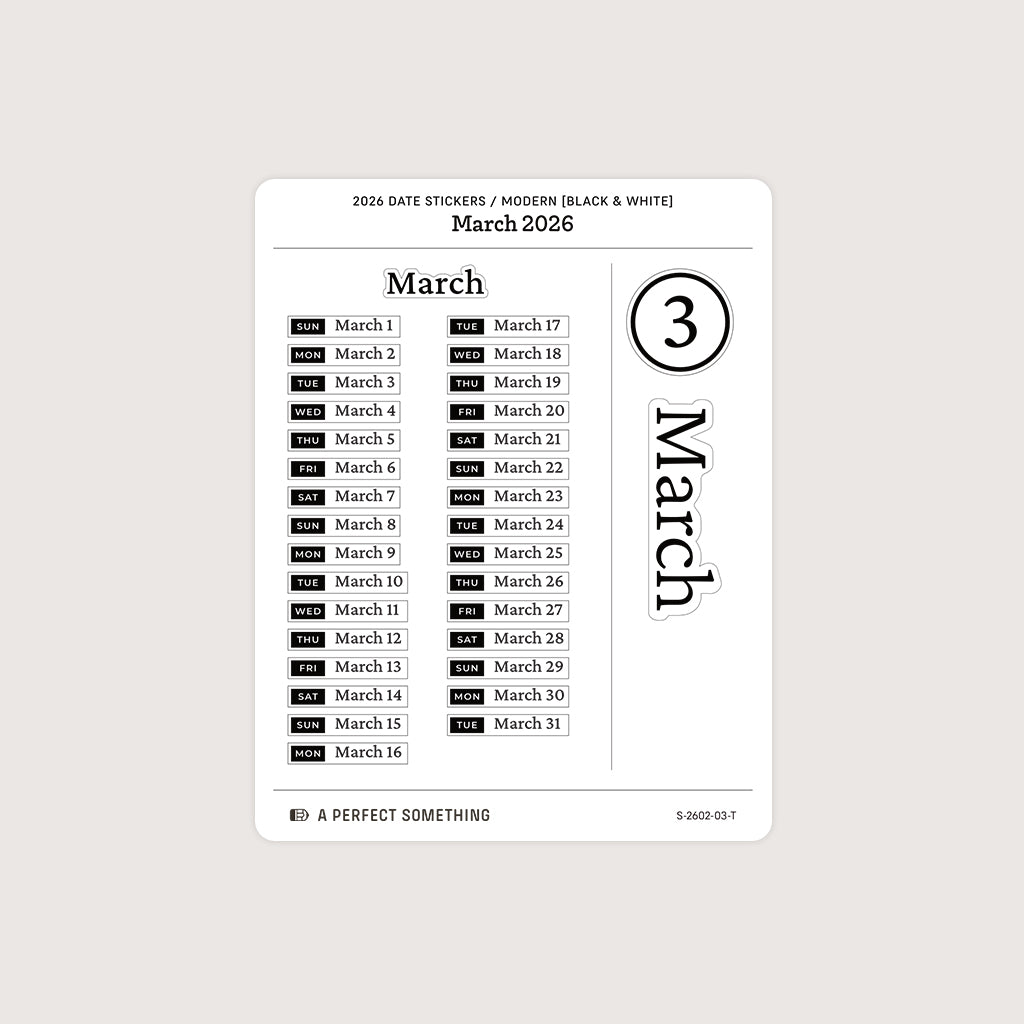 2026 Date Stickers: Modern (Black and White)
