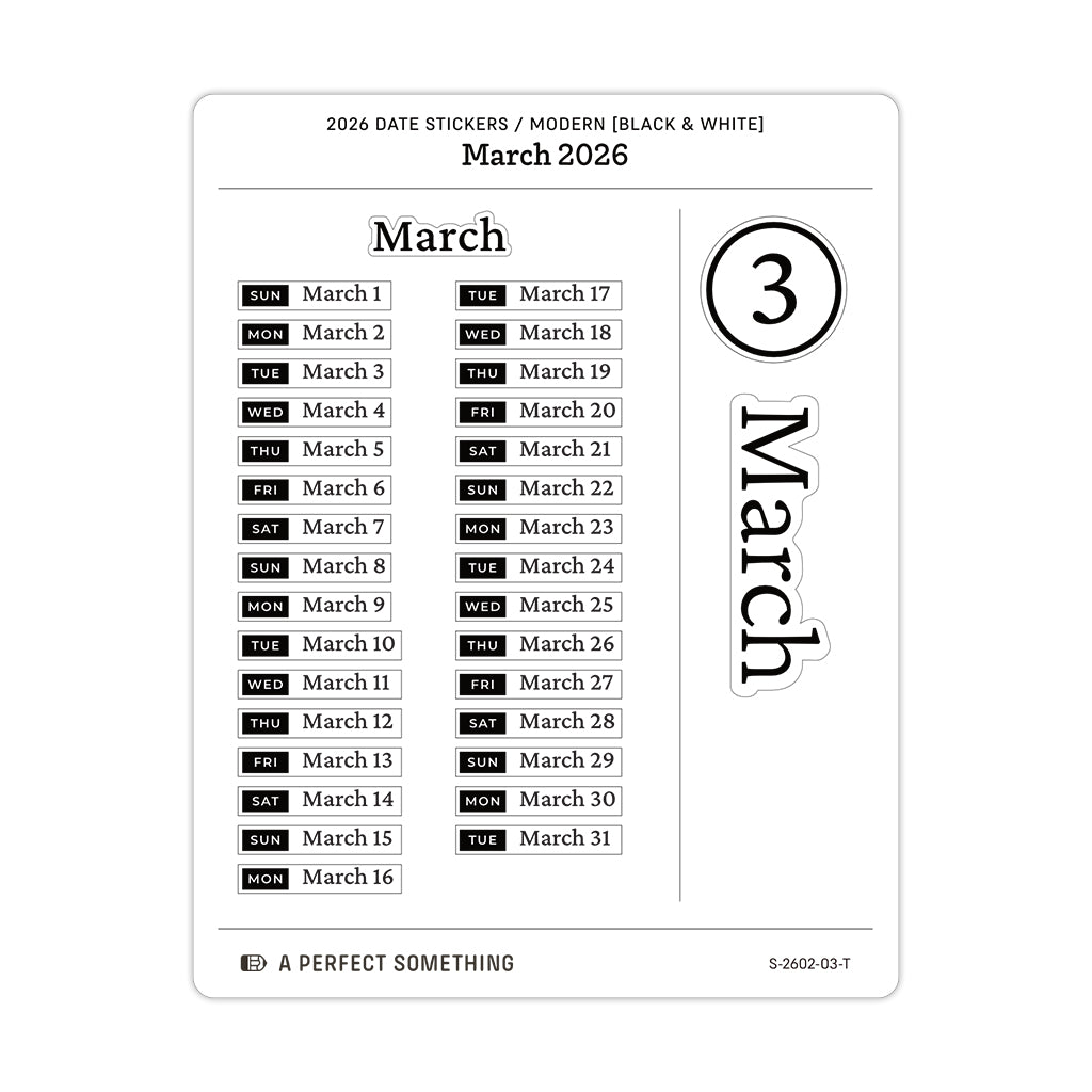 2026 Date Stickers: Modern (Black and White)