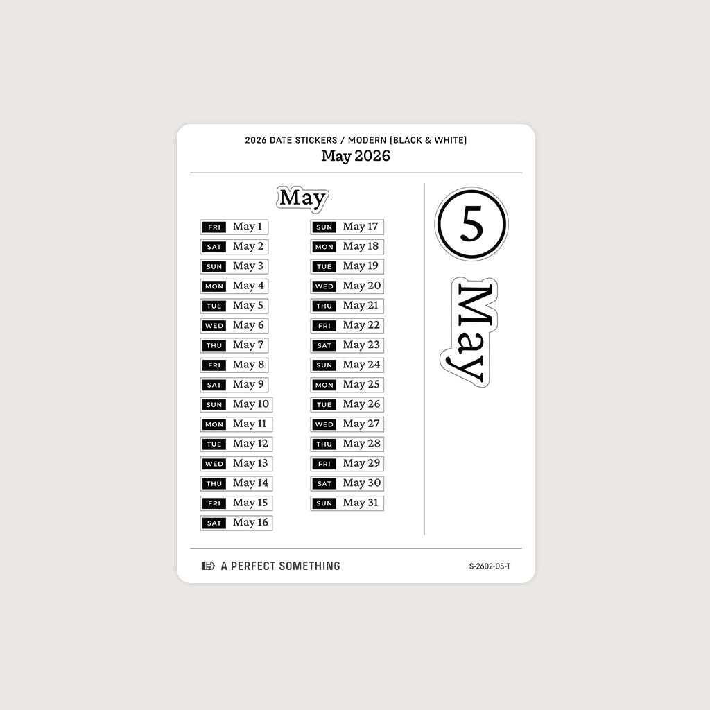2026 Date Stickers: Modern (Black and White)