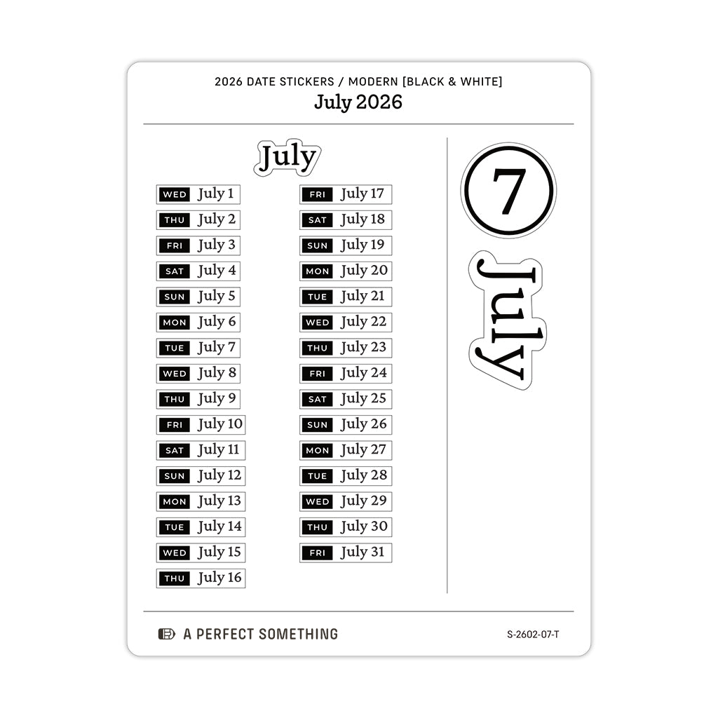 2026 Date Stickers: Modern (Black and White)