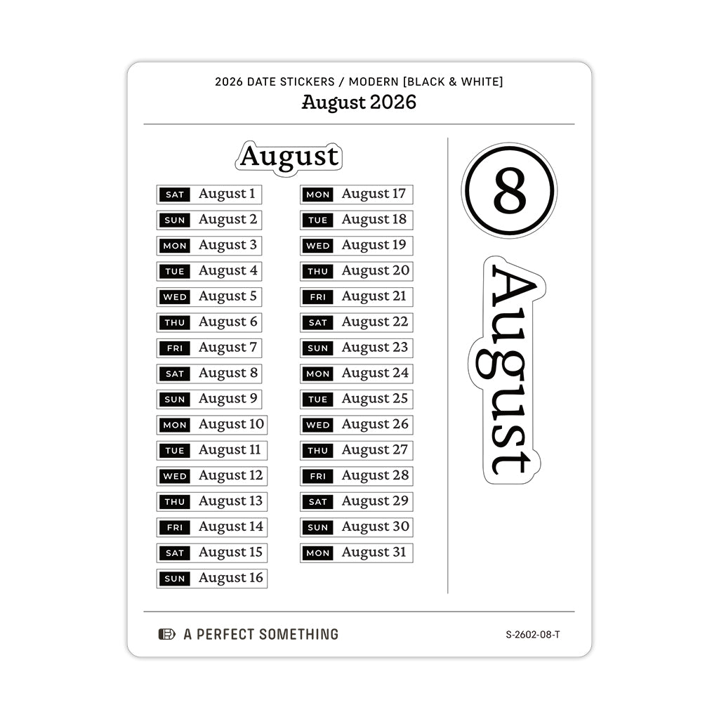 2026 Date Stickers: Modern (Black and White)