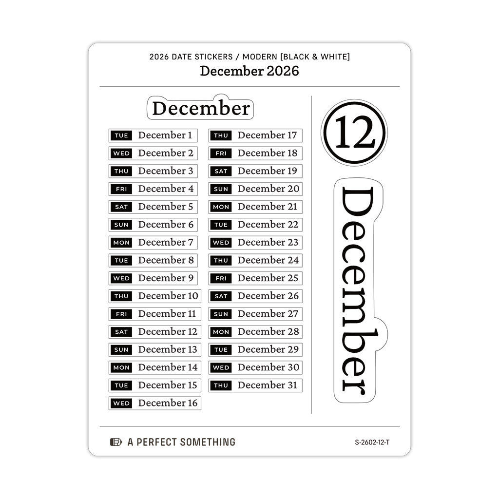 2026 Date Stickers: Modern (Black and White)