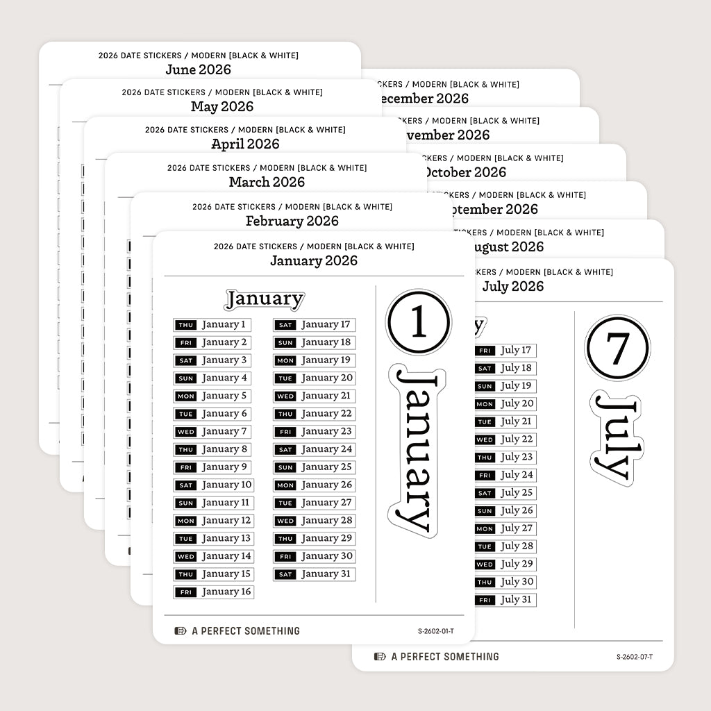 2026 Date Stickers: Modern (Black and White)