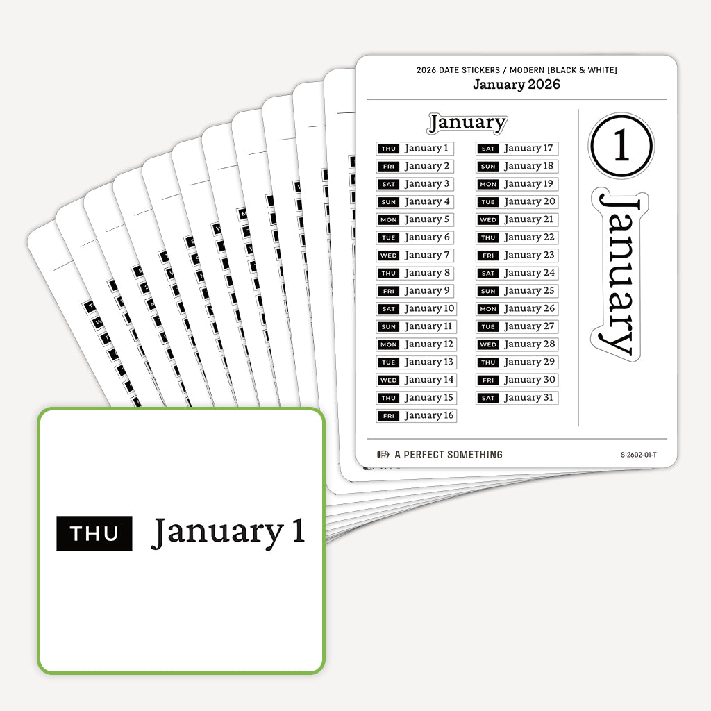 2026 Date Stickers: Modern (Black and White)