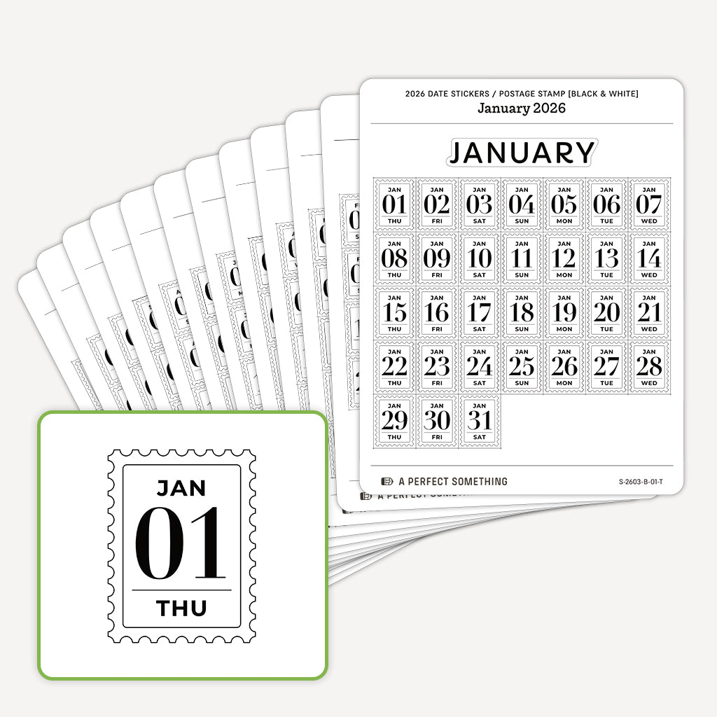 2026 Date Stickers: Postage Stamp (Black and White)