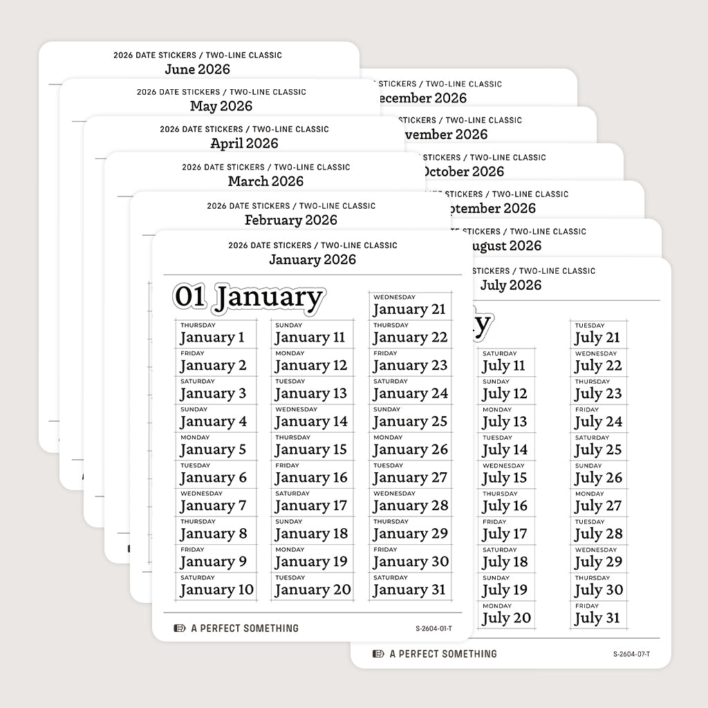 2026 Date Stickers: Two Line Classic (Black and White)