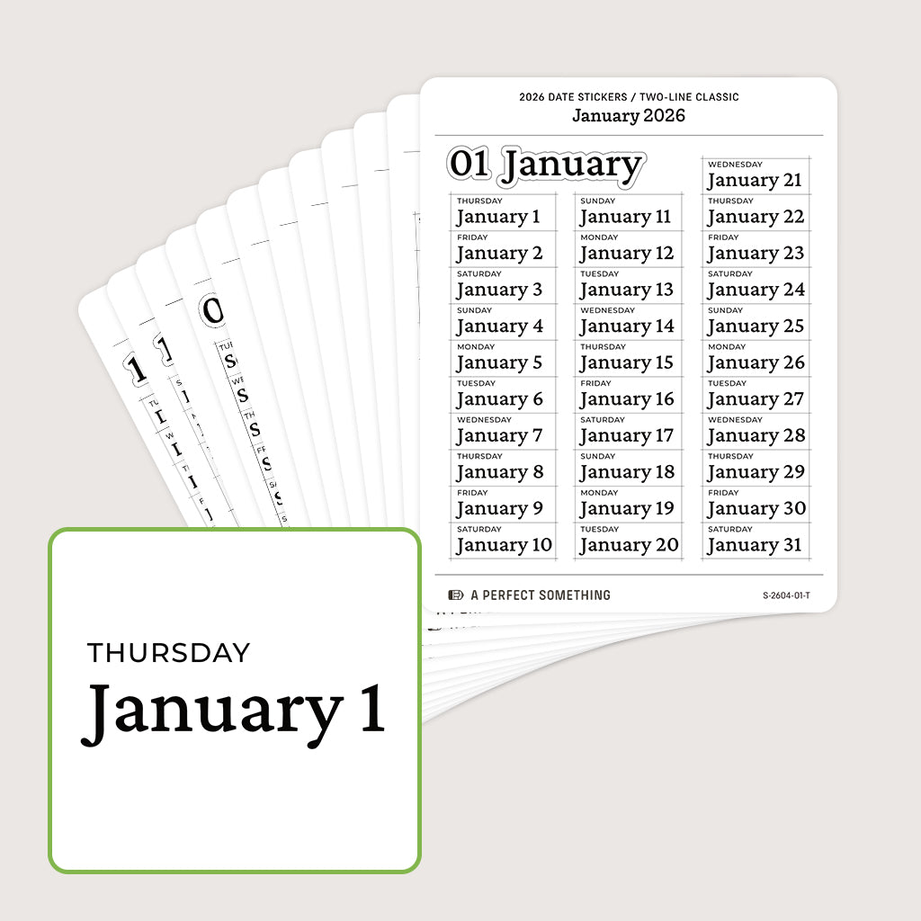 2026 Date Stickers: Two Line Classic (Black and White)