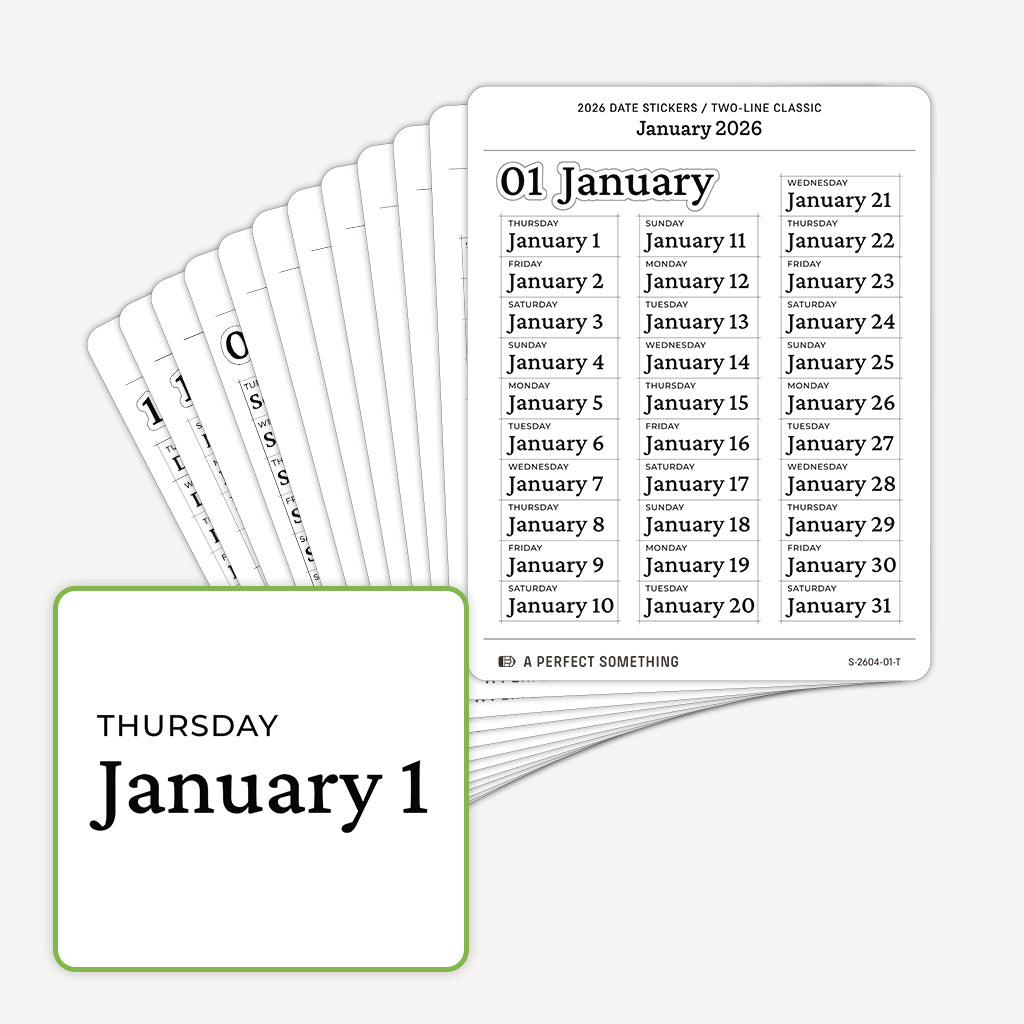 2026 Date Stickers: Two Line Classic (Black and White)