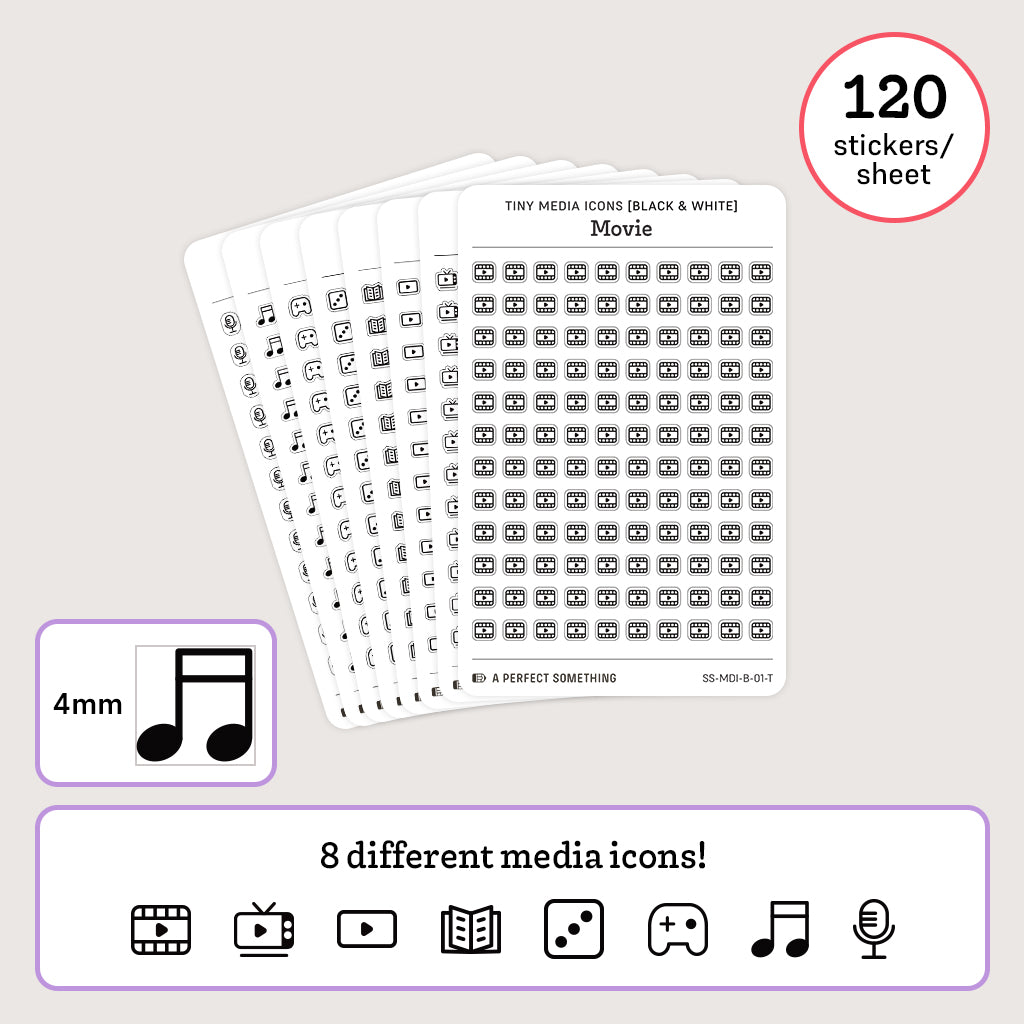 Tiny (4mm) Media Icon Stickers (Black and White)