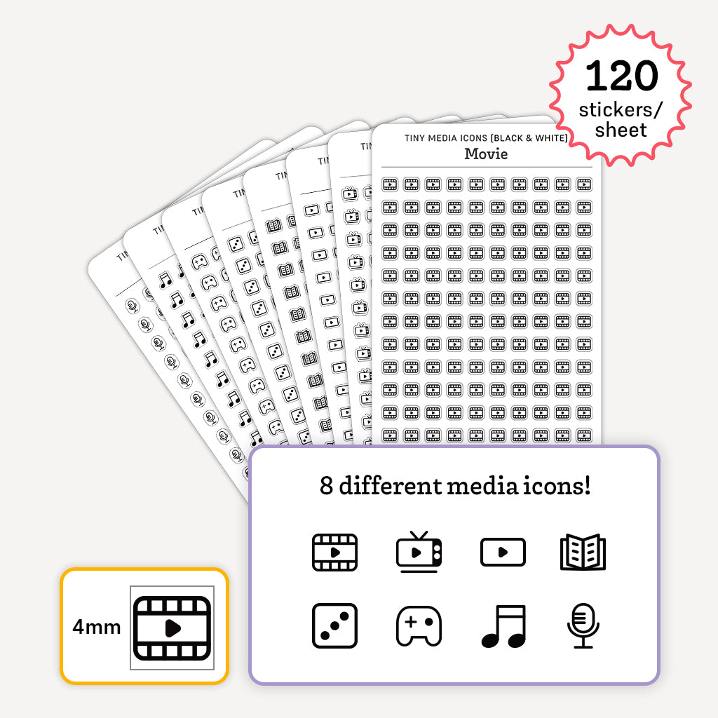 Tiny Media Icon Stickers (Black and White)